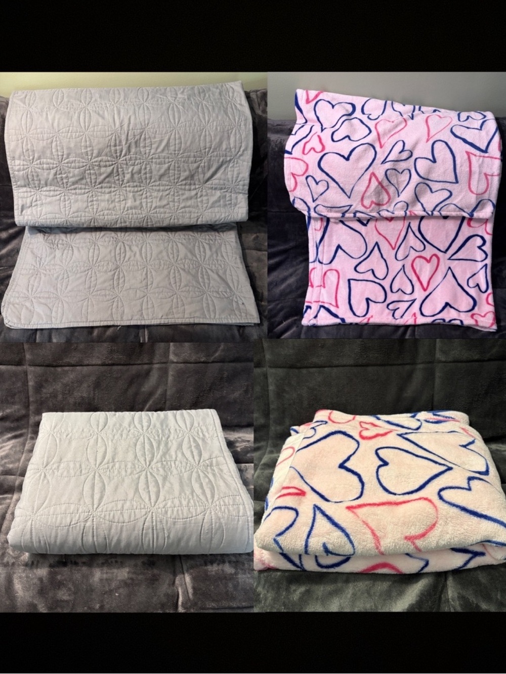 Plush Heart Print and Quilted Solid Throw Blanket Set - Pink & Gray